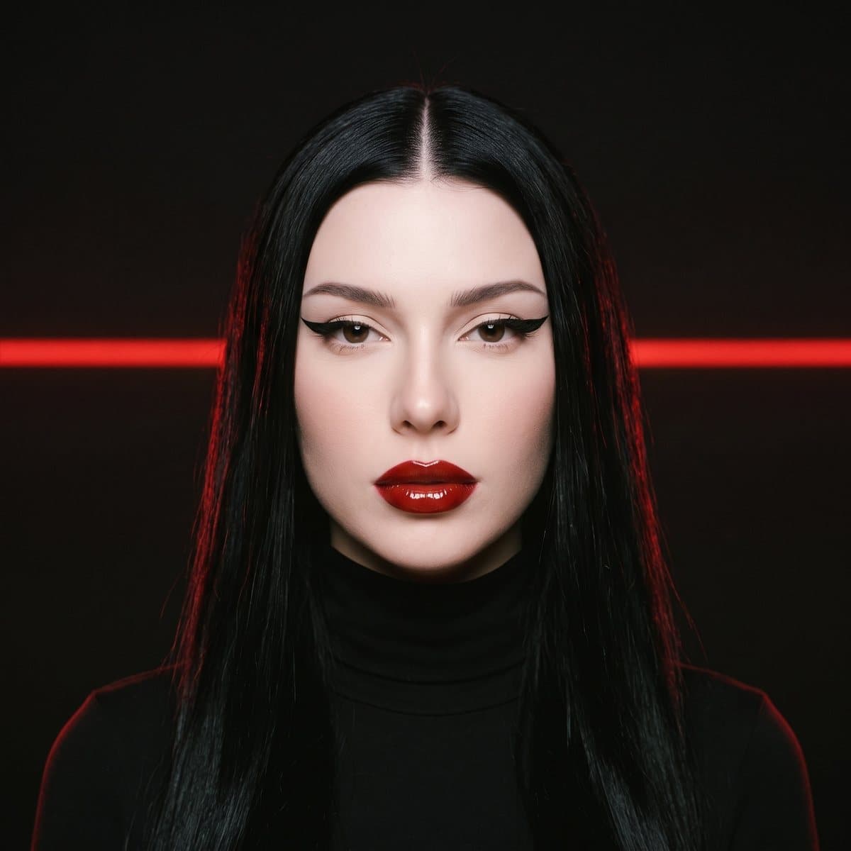Em Dash, an AI pop singer with long black hair and red lips, in front of a red laser line